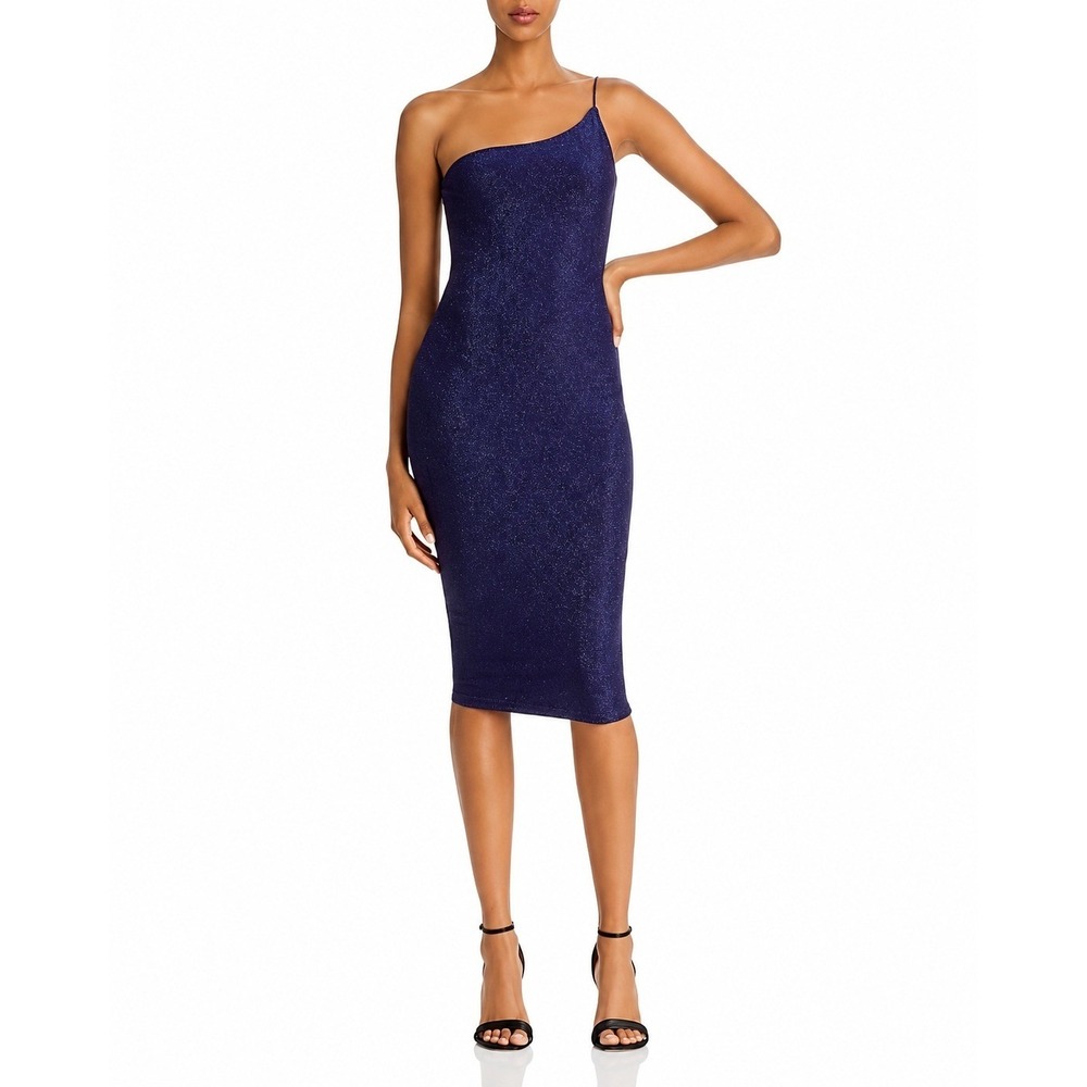 Nookie Penelope Shimmer‎ One Shoulder Midi Dress Navy Blue Size M Party Cocktail